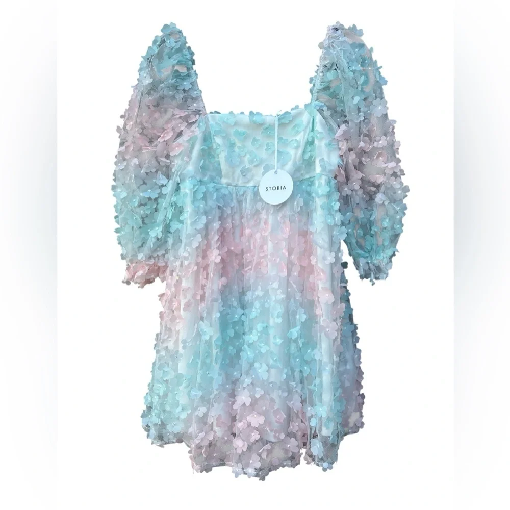 NWT Storia by Anthropologie Rainbow Floral Babydoll Mini Dress Spring SMALL - Picture 4 of 7